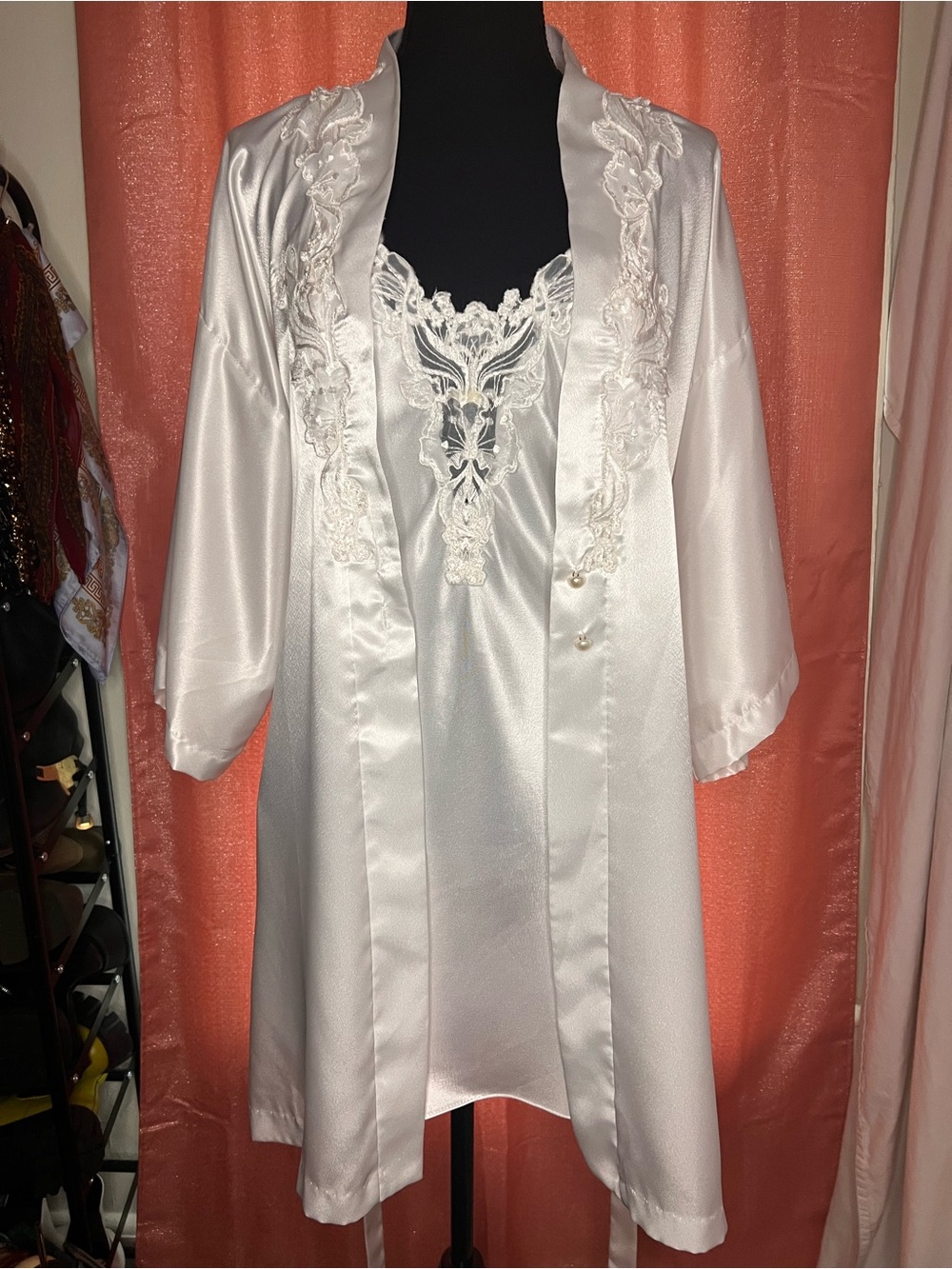 Vintage California Dynasty Lace-Trim Satin Robe & Chemise Bridal Set